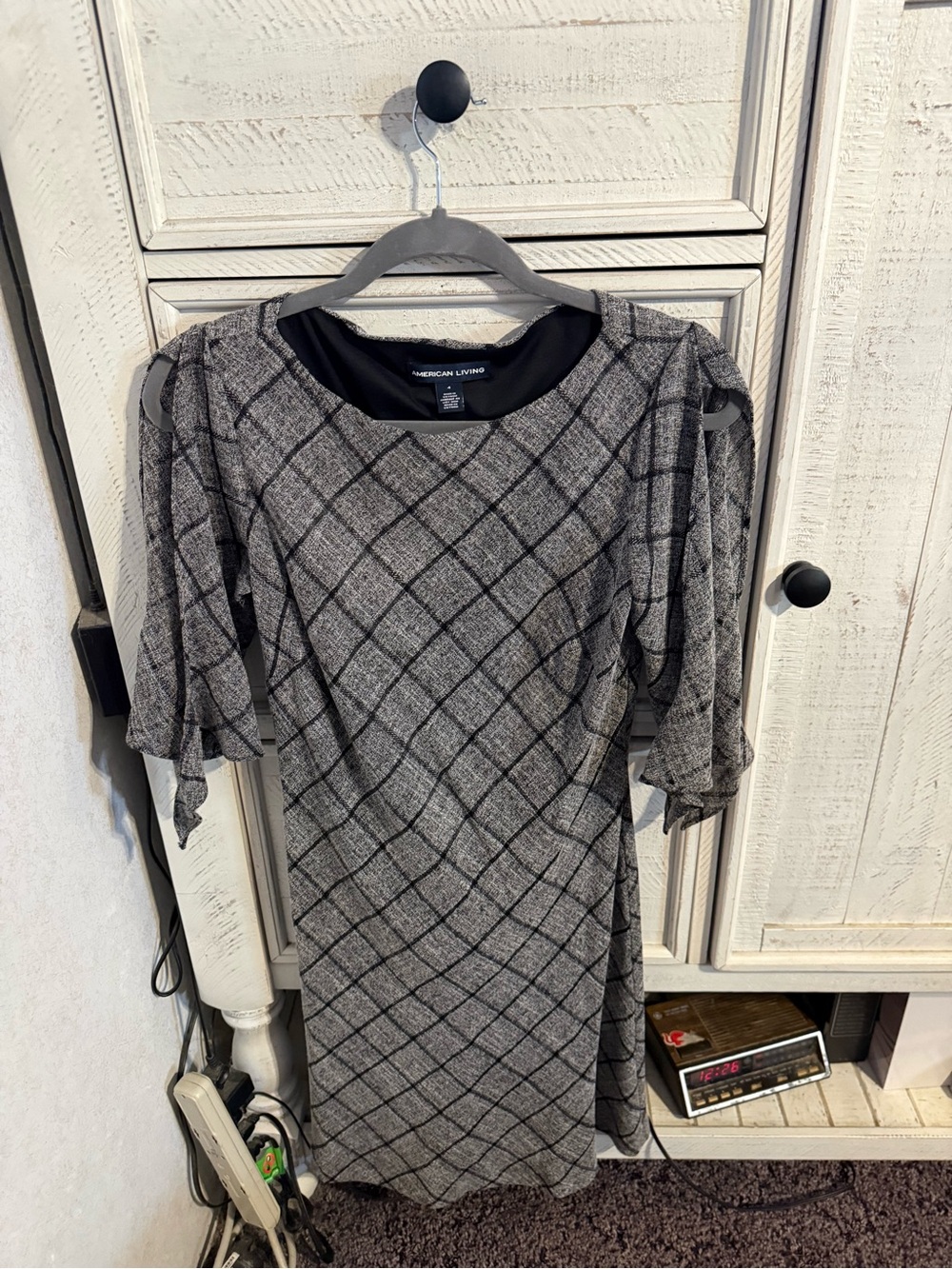 American Living Gray Plaid Midi Dress with Flutter Sleeves